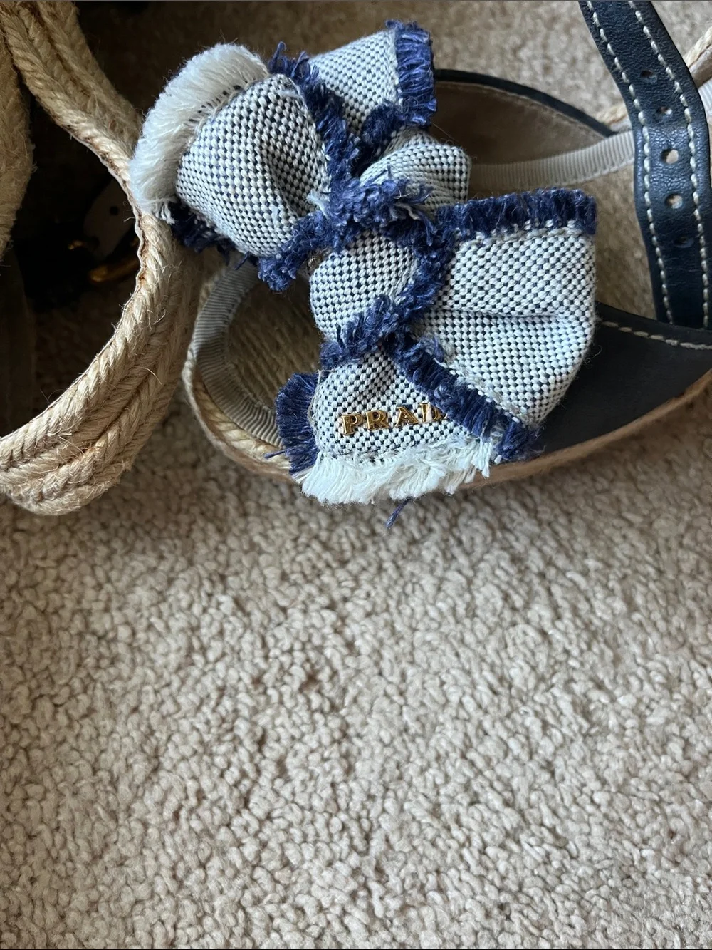 Prada  Navy and Natural Bow Espadrille Sandals